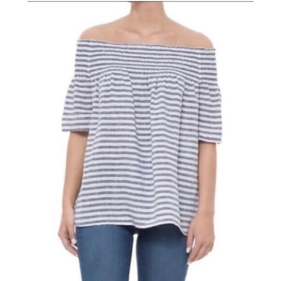 C&C California Top Womens Large 100% Linen Smocked Off Shoulder Gray Striped - Picture 1 of 7